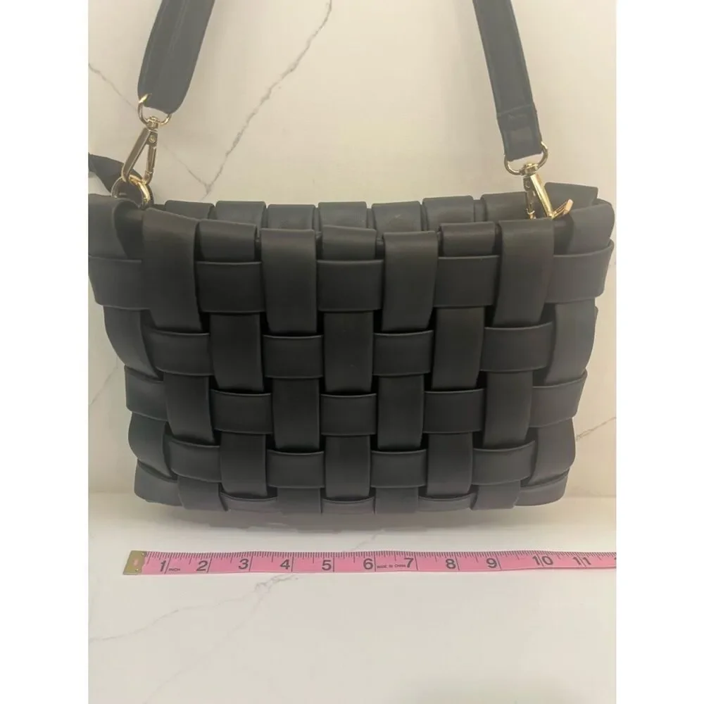 Anthro Woven Black Shoulder Bag Gold Hardware Knot Strap Chic